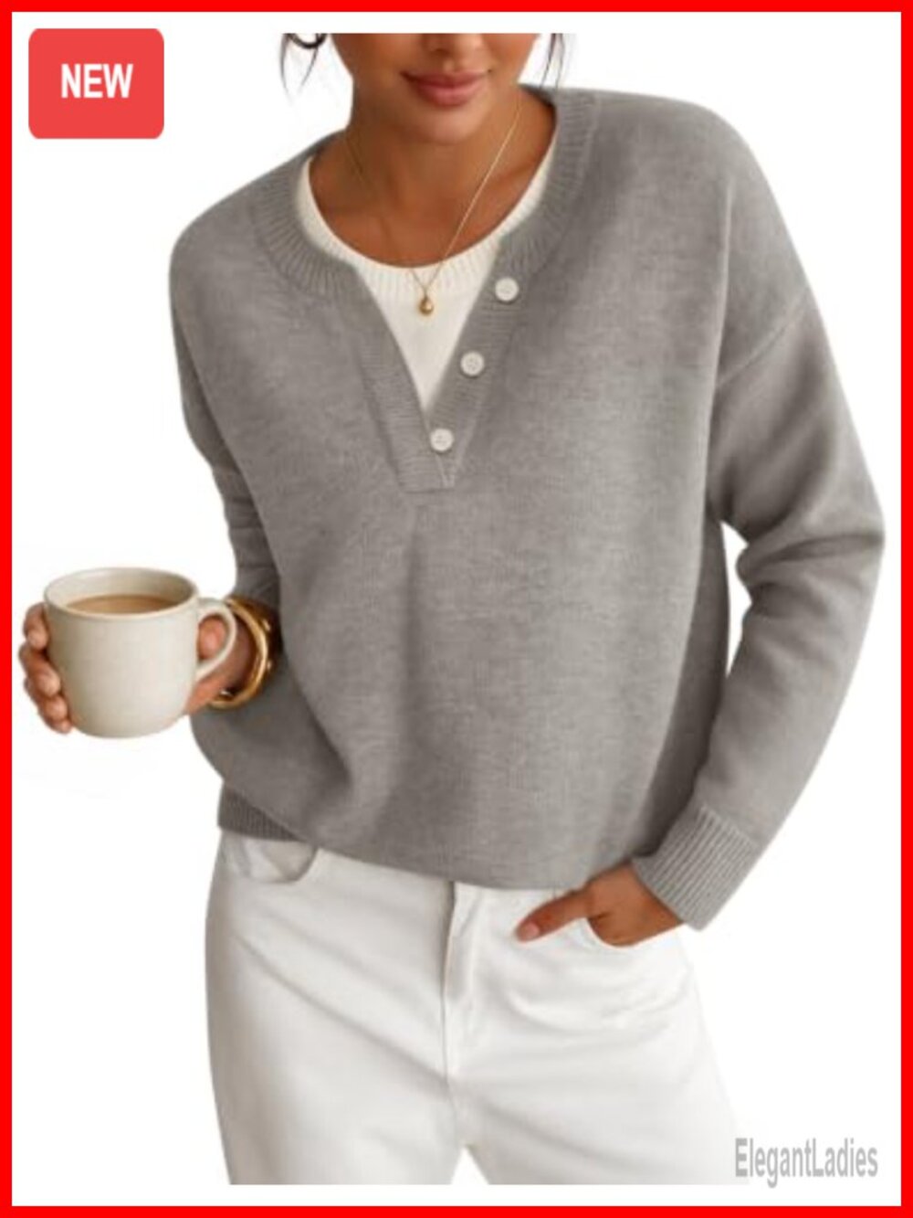 Oversized Henley Neck Pullover Sweater Button Front Knit Top